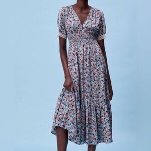 Zara Floral Midi V-Neck Dress, SIZE S